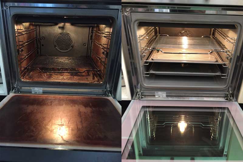 An image showing an oven cleaning in Eastbourne. On the left is before the oven was cleaned when it was very dirty. On the right the oven is cleaned and looking like new.